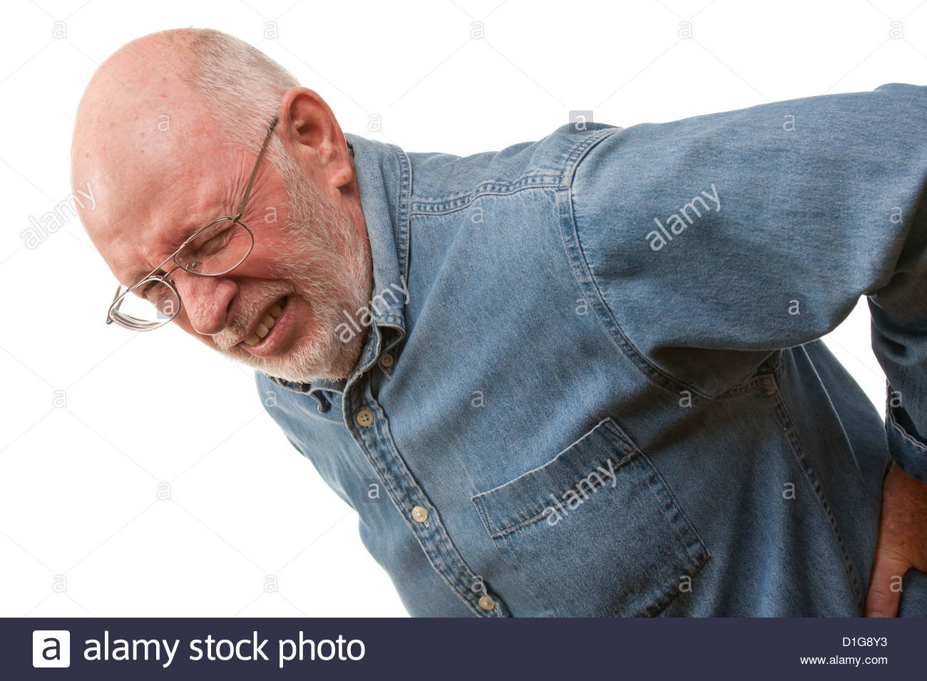 Agonizing Senior Man with Hurting Back on a White Background.