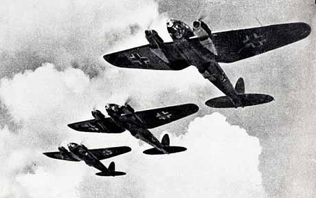 World War 2: German Heinkel 111s Bombers in attack formation.