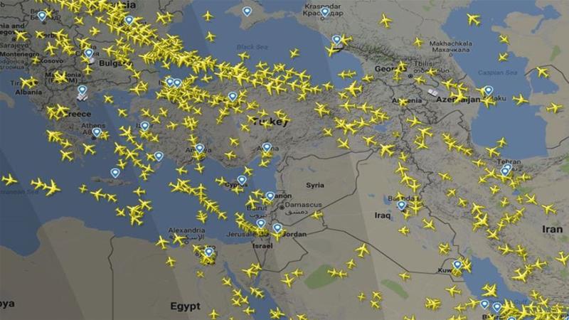 A map showing diverted flights after Eurocontrol issued warning to avoid  Syria [Courtesy of FlightRadar24