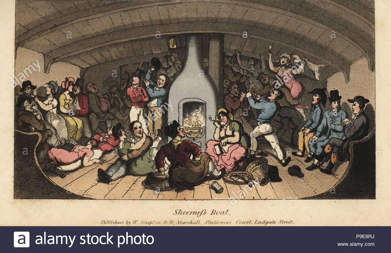 Johnny carousing with sailors, slopmen, crimps, mudlarkers, bawds, and  pimps in a cabin on the Sheerness Boat. Handcoloured copperplate engraving  by W. Read