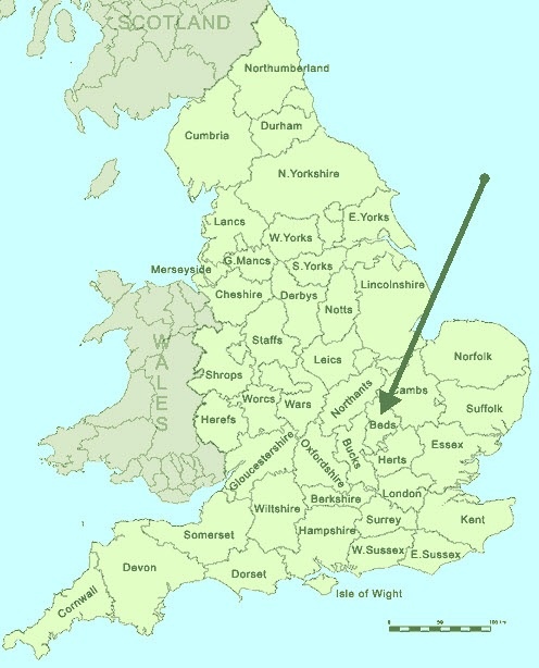 Bedfordshire is an English county located North of Hertfordshire and West  of Cambridgeshire: