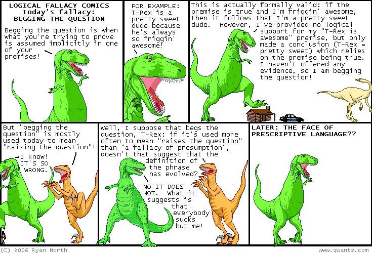 dinosaur comics - logical fallacy begging the question