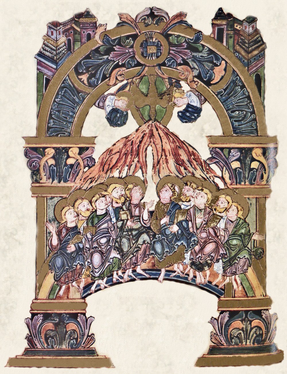 Benedictional of St Æthelwold of Winchester. circa 975 » Unknown Artist.  Pentecost. The Descent of the Holy Spirit. Benedictional of St Aethelwold