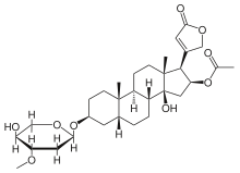 Example of the chemical structure of oleandrin, a potent toxic cardiac  glycoside extracted from the Oleander bush.