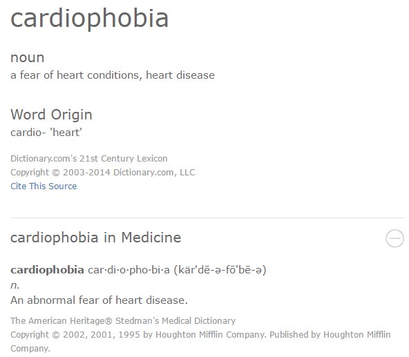 Cardiophobia is defined as an anxiety disorder of persons characterized by  repeated complaints of chest pain, heart palpitations, and other somatic