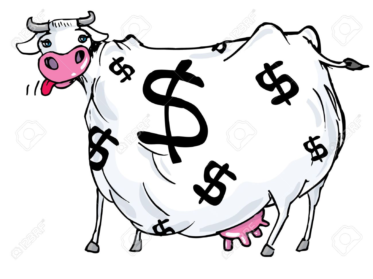 Cartoon of a cash cow with dollar signs on its body. Isolated on white Stock