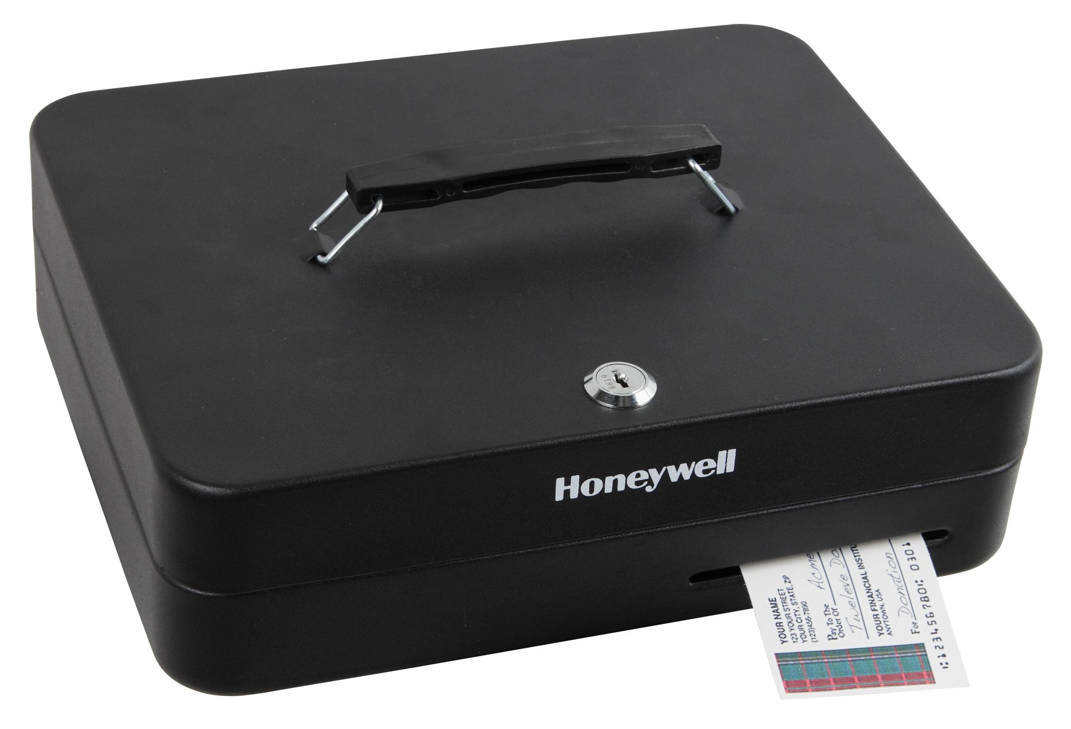 The Honeywell Model 6113 Deluxe Cash Box includes a removable cash tray  with 1 bill and 8 coin slots and has 4 currency clips in lid.