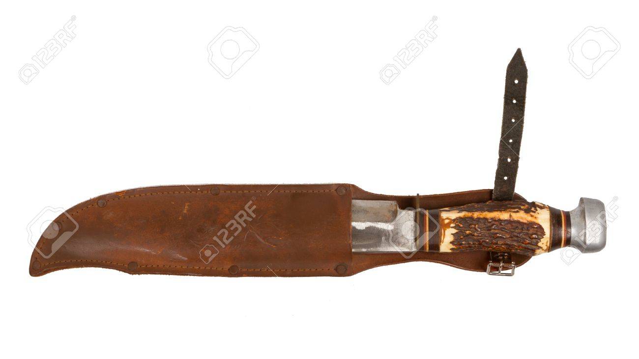 Old bond handle knife in leather casing on a white back ground Stock Photo  - 14429688