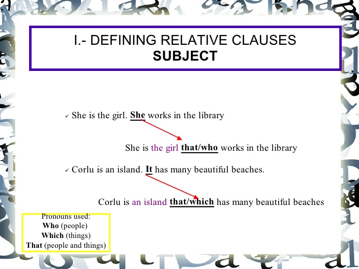 I.- DEFINING RELATIVE CLAUSES SUBJECT She is the