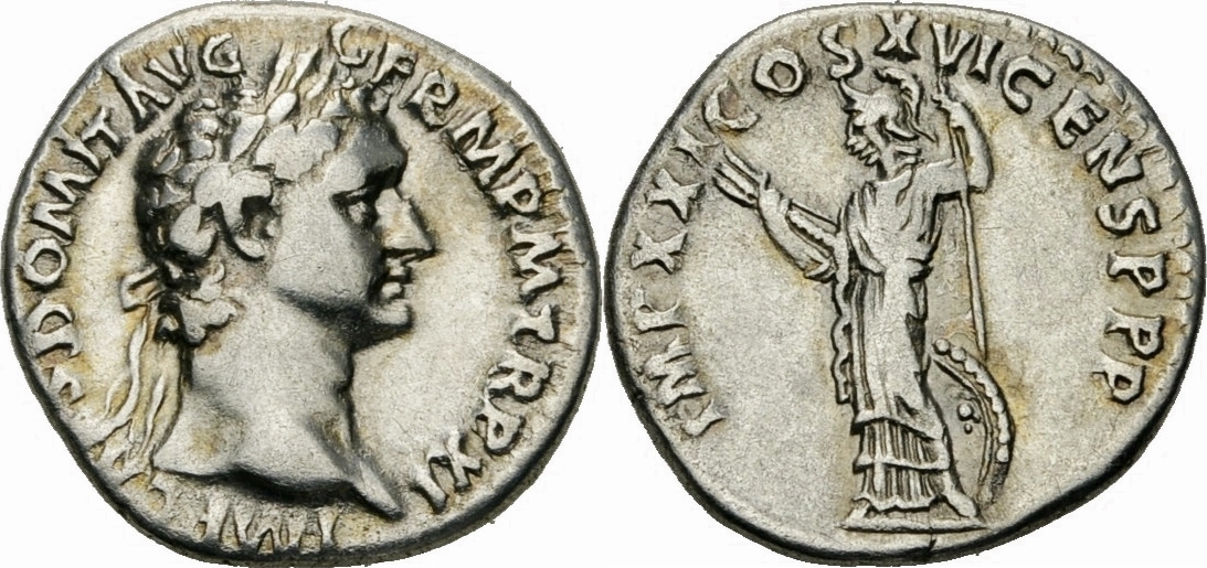 Denar 92 Rom Kaiserreich Domitian Denar Rom 92 IMP XXI COS XVI CENS PPP  Minerva Schild Blitz RIC II² 732 VF