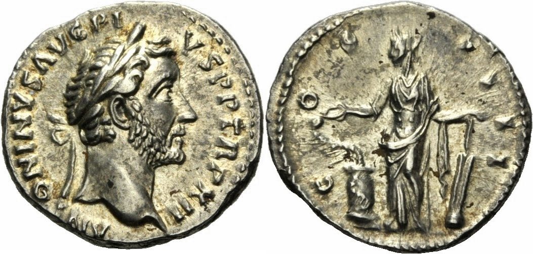 Denar 148/149 Rom Kaiserreich Antoninus Pius Denar Rom 148/149 COS IIII  Salus Altar Schlange Patera RIC 181 BU (MS65-70)