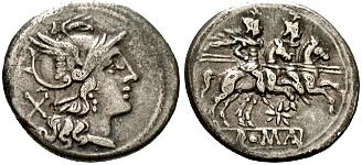 DENARIUS. - This well-known Roman coin derived its name from its value of  ten asses (a denis assibus) when it replaced the quadrigatus at the time  when the