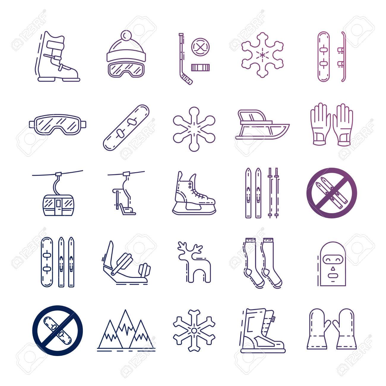 Vector - Vector linear icons set of symbols denoting the various types of  winter recreation and pastimes such as skiing, snowboarding, skating.