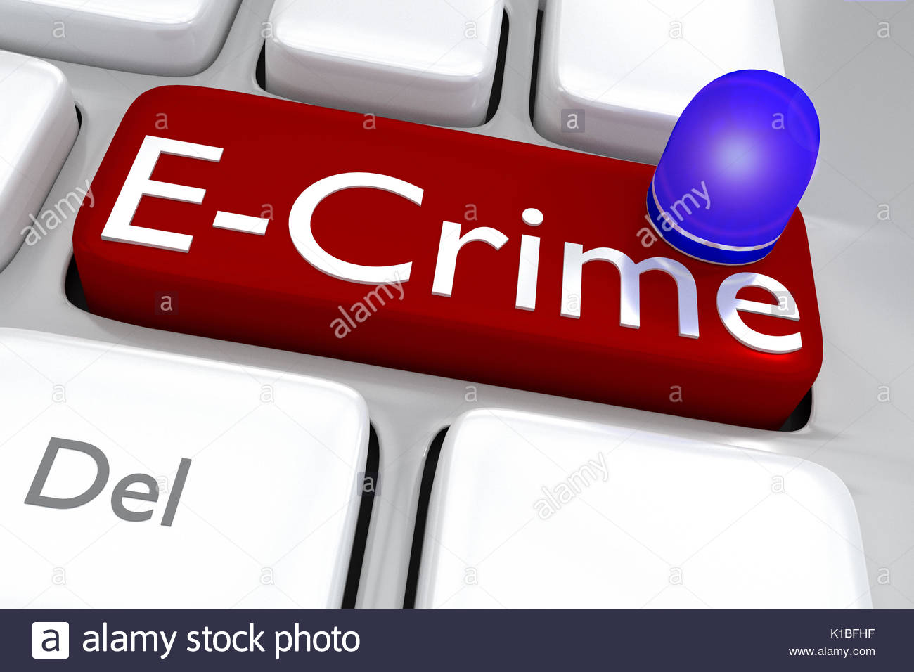 Render illustration of computer keyboard with the print E-Crime on a red  button with a police car roof lamp
