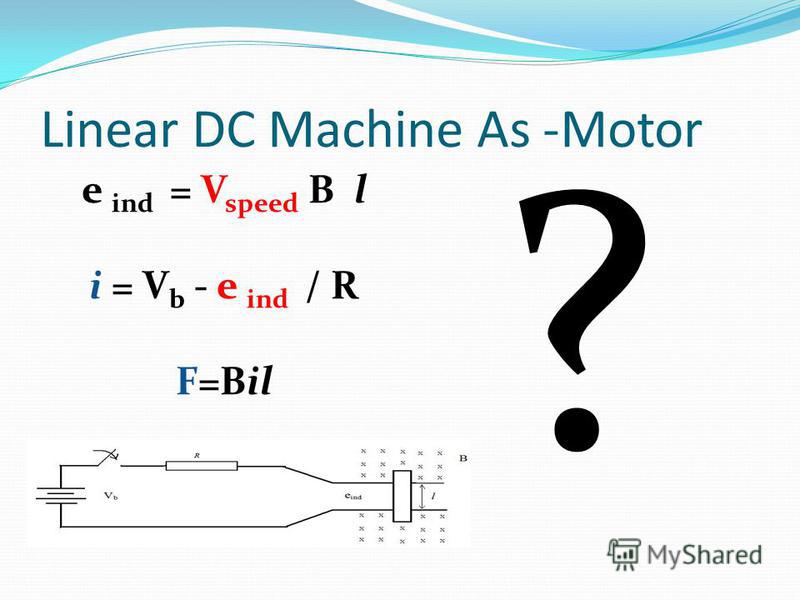 10 Linear DC Machine As -Motor e ind = V speed B l i = V b - e ind / R  F=Bil ?