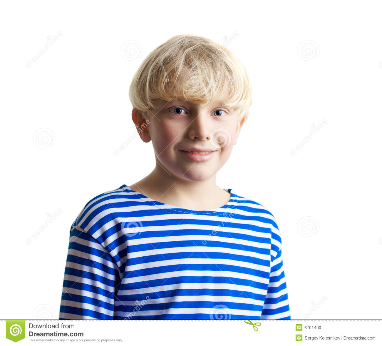 Photo of adorable young fair-haired boy in the frock looking at camera  isolated on white