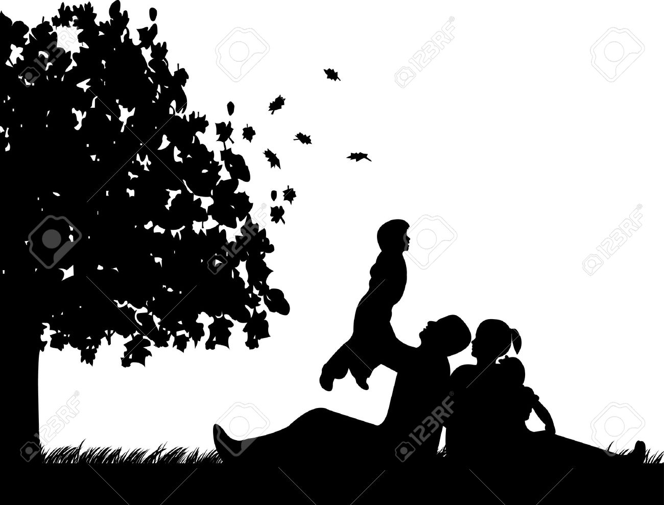 Family picnic in park in autumn or fall under the tree silhouette Stock  Vector - 14800053