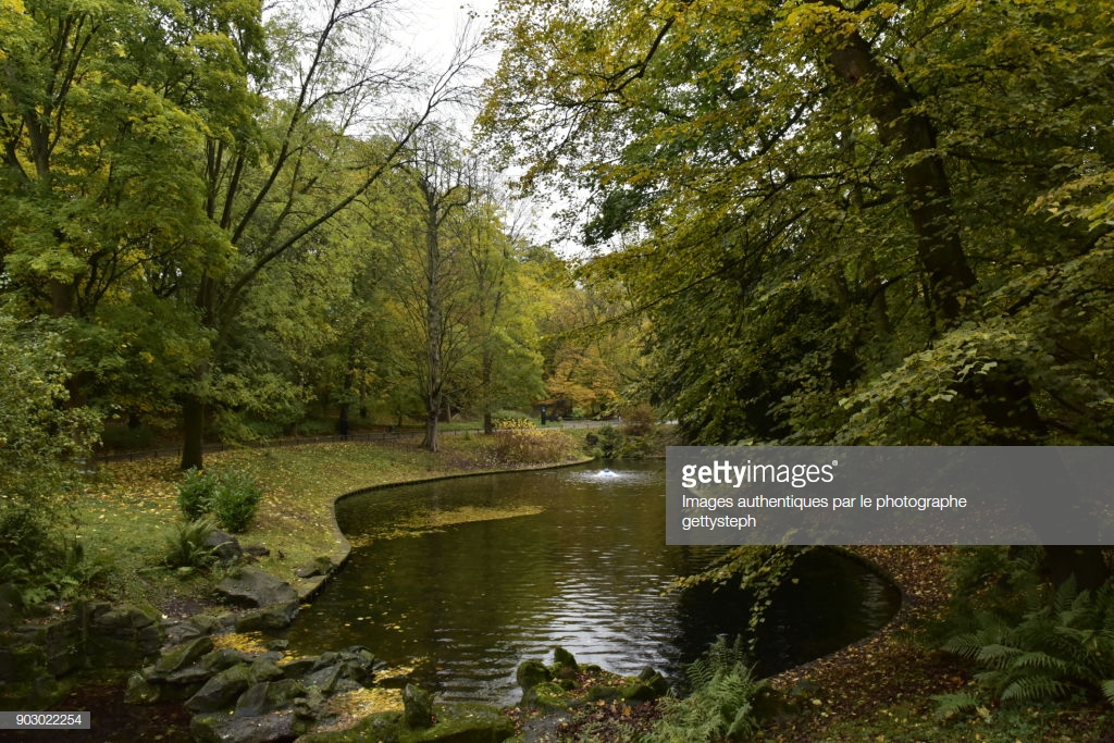 The small pond with false rock in middle lush nature un autumn ,in Josaphat  Park