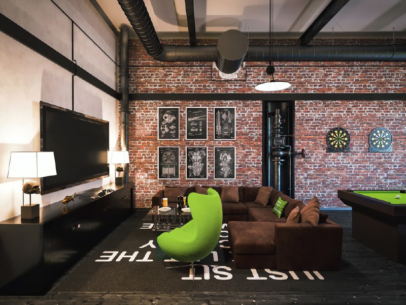 Game room with brick walls