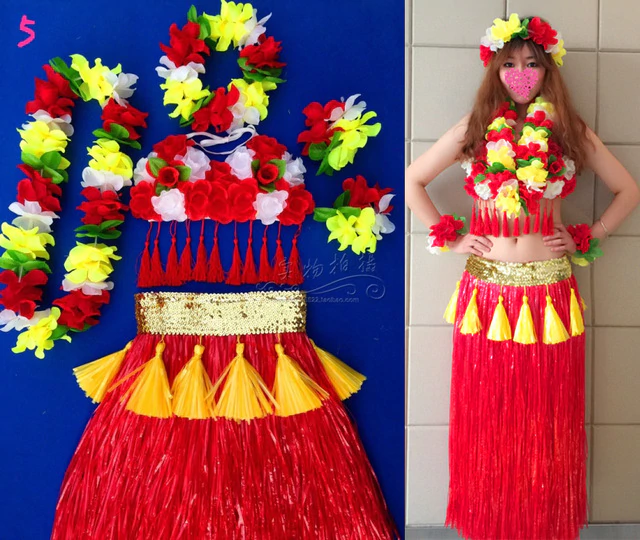 Free shipping Hawaii hula skirt garishness clothes set adult costume set  80cm thickening