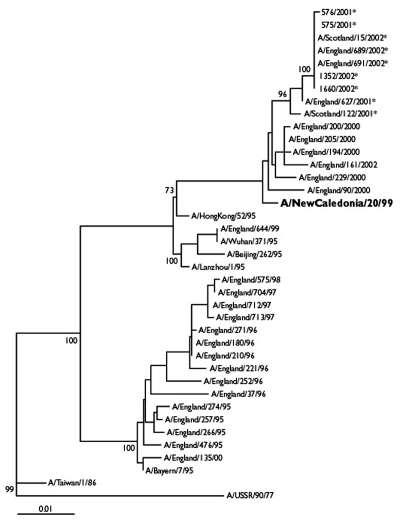 Phylogenetic tree of influenza A H1N1 and H1N2 virus HA1 nucleotide  sequences. The tree was generated by using joining-joining analysis.