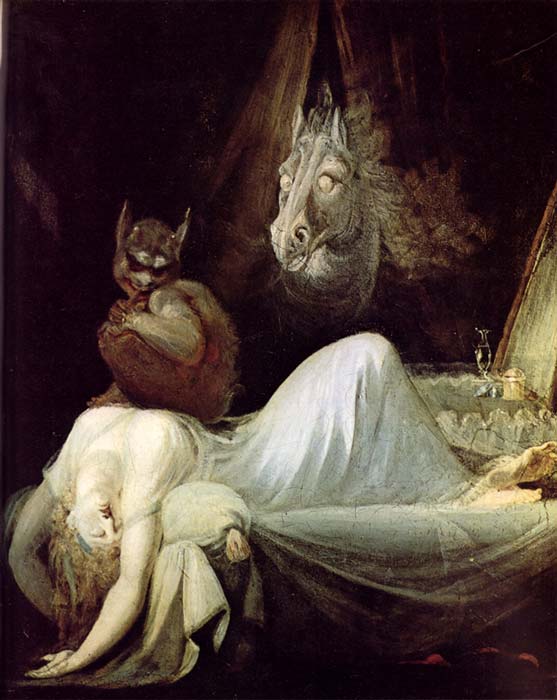 Alptraum perches on woman, Nachtmahr – The Nightmare, circa 1790. (Public  Domain