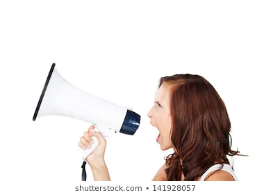 Profile view of an attractive young woman shouting into a loud haler or  megaphone making an