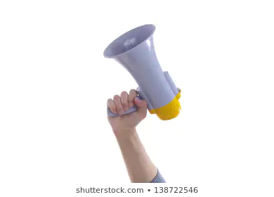 Male hand holding up a megaphone or loud haler, side view isolated on white