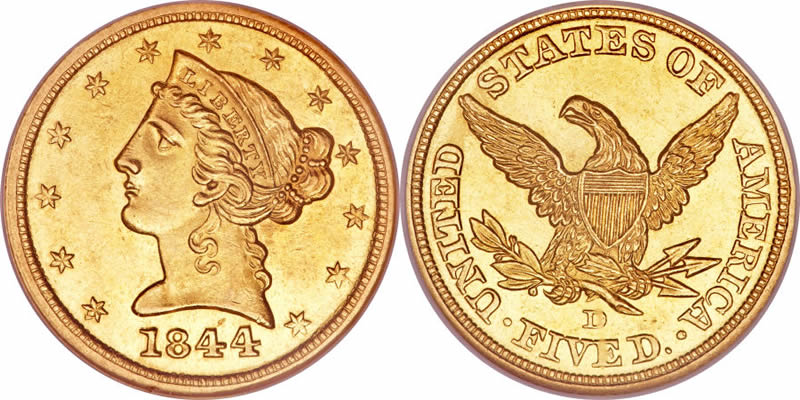 Coronet Head Gold $5 Half Eagle Type 1 - No Motto - Liberty Head - Early