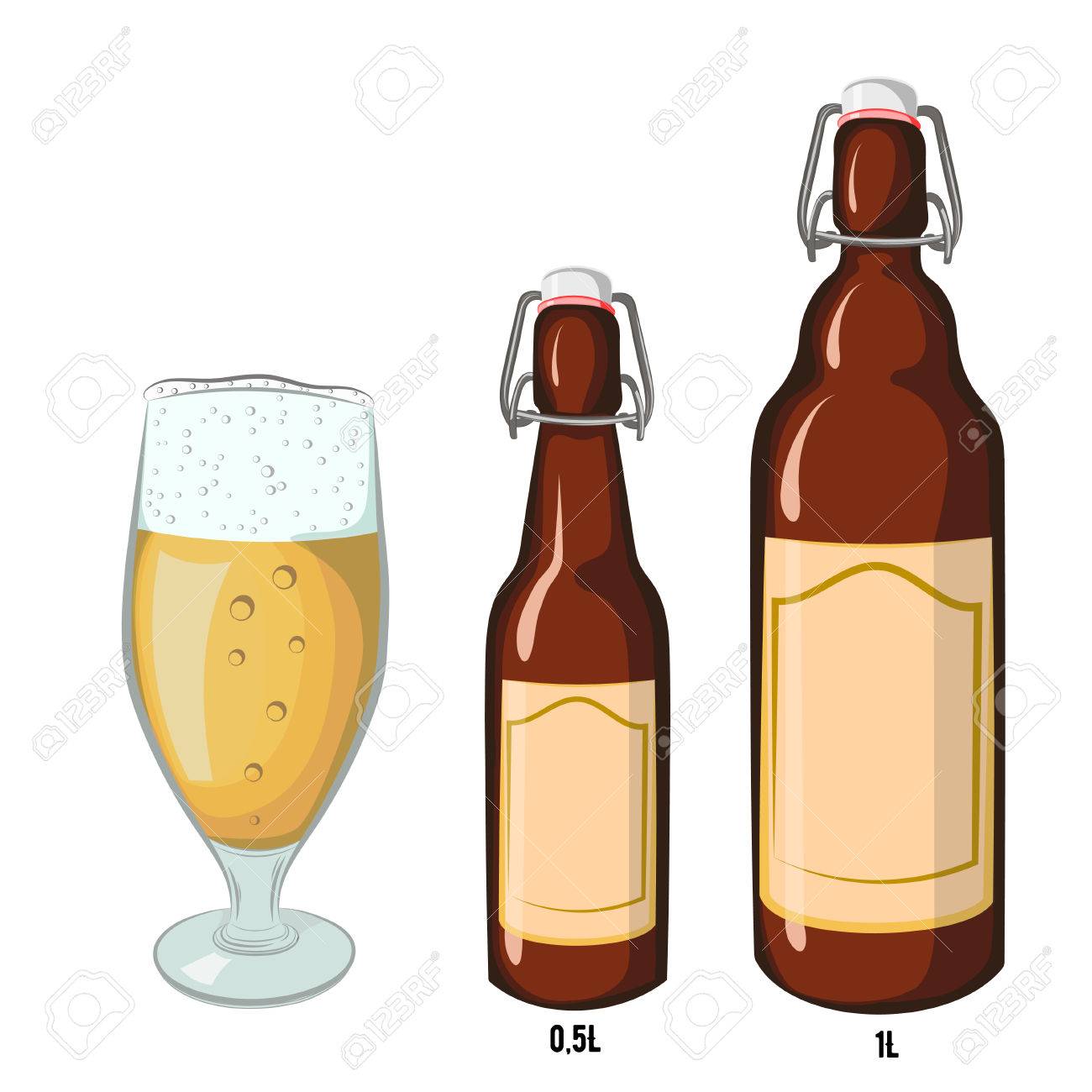 Vector - Vector set of black and white beer bottles half-liter and liter  with blank label, where you can write a text and a glass filled with beer