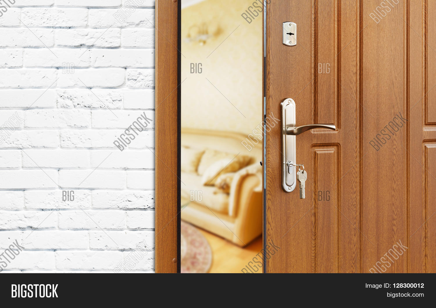 Half opened door to a living room. Door handle, door lock. Lounge door