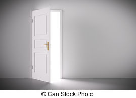 Light coming from half open classic white door.