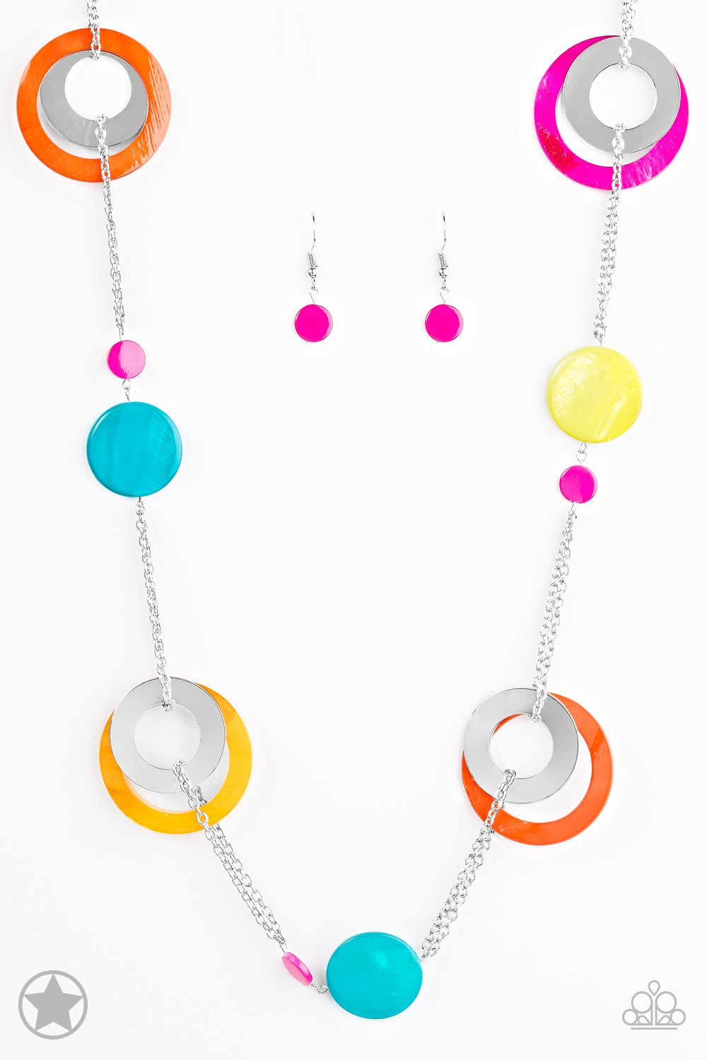 Kaleidoscopically Captivating Necklace - $5 * Chunky brightly-colored rings  and discs with swirly marble finishes join thick metal hoops to climb a  simple