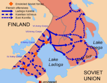 Map depicting the Finnish offensive operations in Karelia carried out in  the Summer and Autumn of 1941 during the Continuation War.