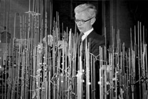 John Kendrew with model of myoglobin in progress. Copyright by the  Laboratory of Molecular Biology in Cambridge, England.