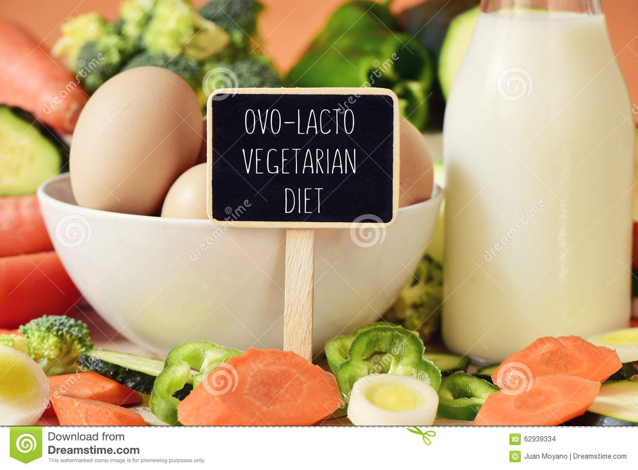 Closeup of a signboard with the text ovo-lacto vegetarian diet on a table  full of different raw vegetables, a bowl with some chicken eggs and a  bottle with