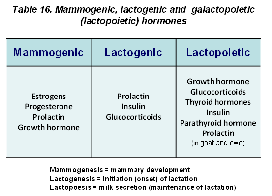 growth and differentiation of mammary ducts into a lobulo-alveolar  system. Mammogenic, lactogenic and lactopoietic hormones are summarised in  Table 15.